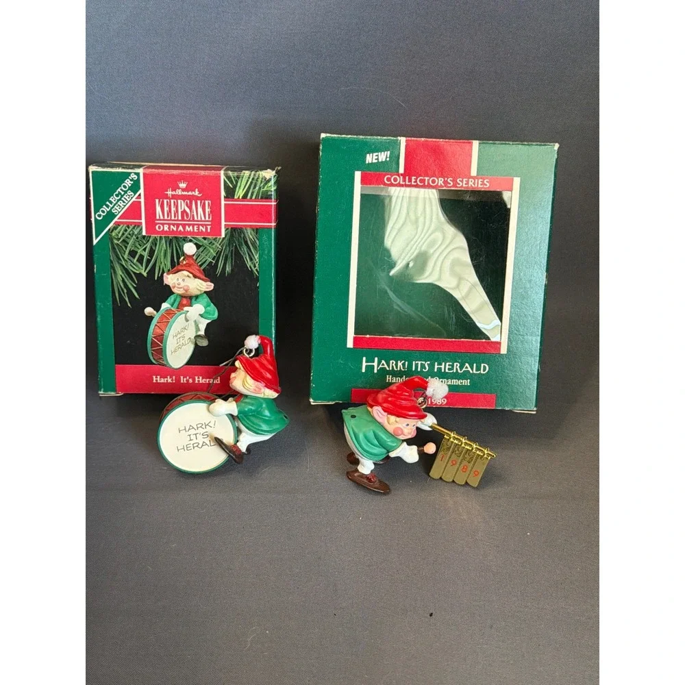 Hallmark Keepsake Ornament Lot Hark Its Herald 1989 1990 Vintage Christmas Elf